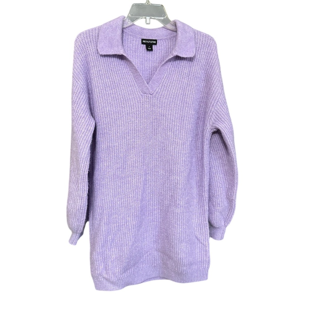 PrettyLittleThing Lilac Purple‎ Ribbed Knit Collared V-Neck Tunic Sweater Sz S